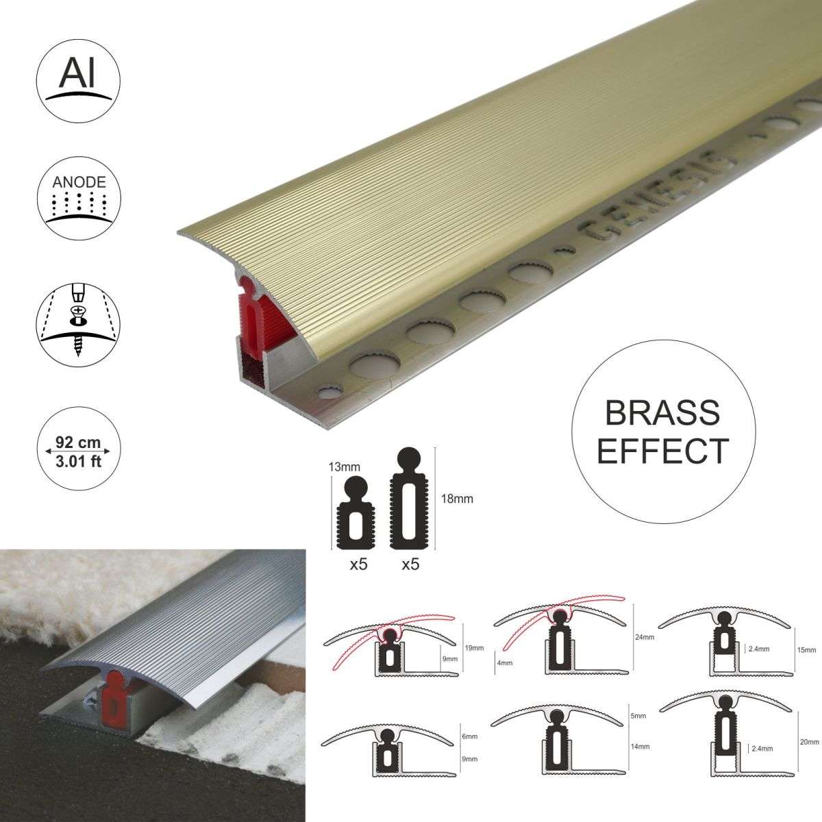 TTC 40mm Aluminium door Threshold T Bar Trim Adjustable Height/Pivots Easy clip