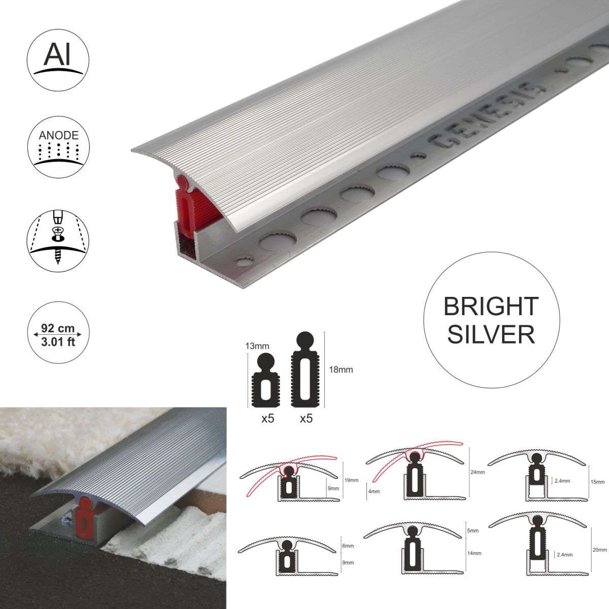 TTC 40mm Aluminium door Threshold T Bar Trim Adjustable Height/Pivots Easy clip