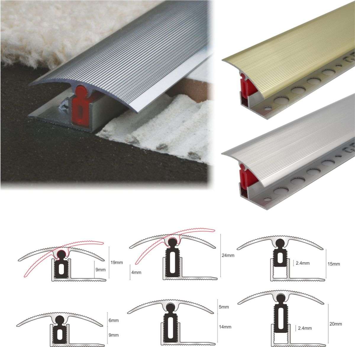 TTC 40mm Aluminium door Threshold T Bar Trim Adjustable Height/Pivots Easy clip