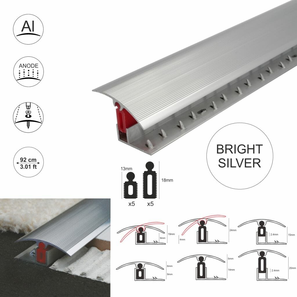Aluminium door Threshold Strip Adjustable Height/Pivots Easy clip Carpet