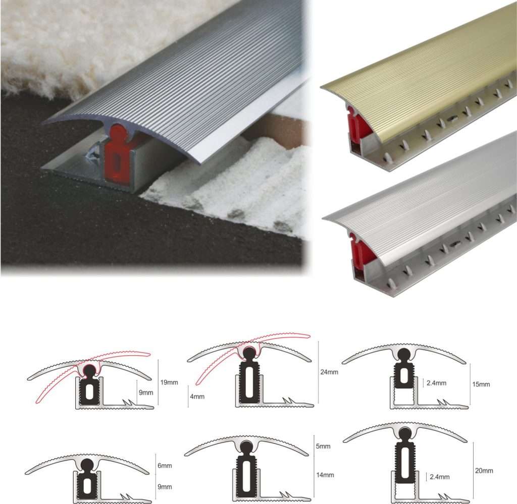 Aluminium door Threshold Strip Adjustable Height/Pivots Easy clip Carpet