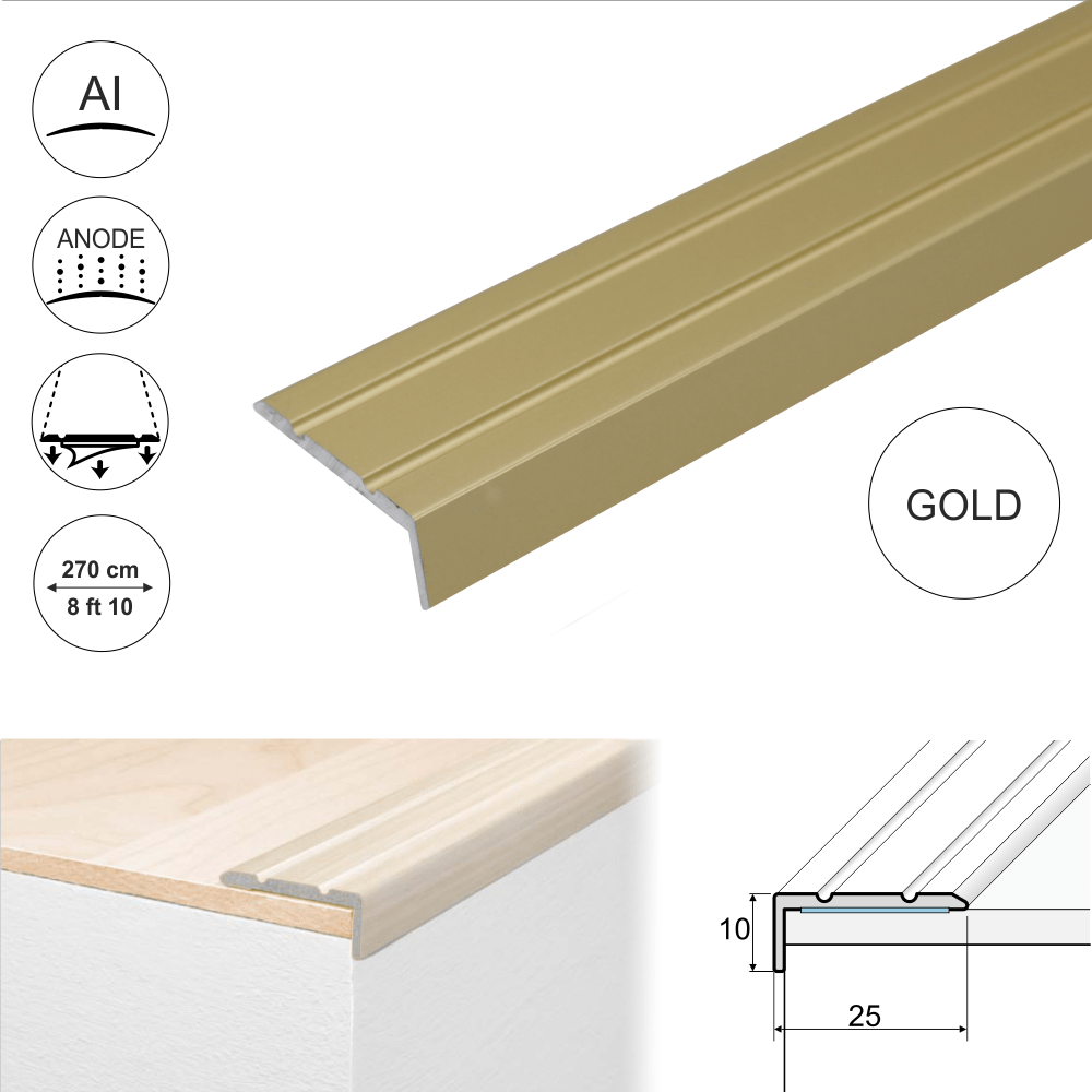 A31 25 x 10mm Anodised Aluminium Self Adhesive Stair Nosing Edge Trim