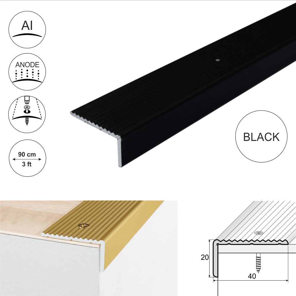 A33 40 x 20mm Anodised Aluminium Non Slip Ribbed Treads Stair Nosing Edge Trim