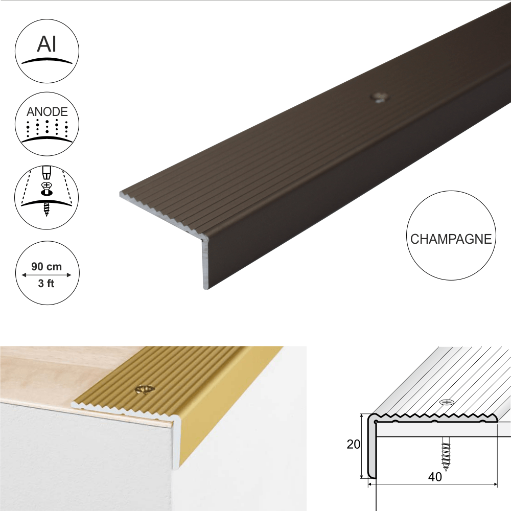 A33 40 x 20mm Anodised Aluminium Non Slip Ribbed Treads Stair Nosing Edge Trim