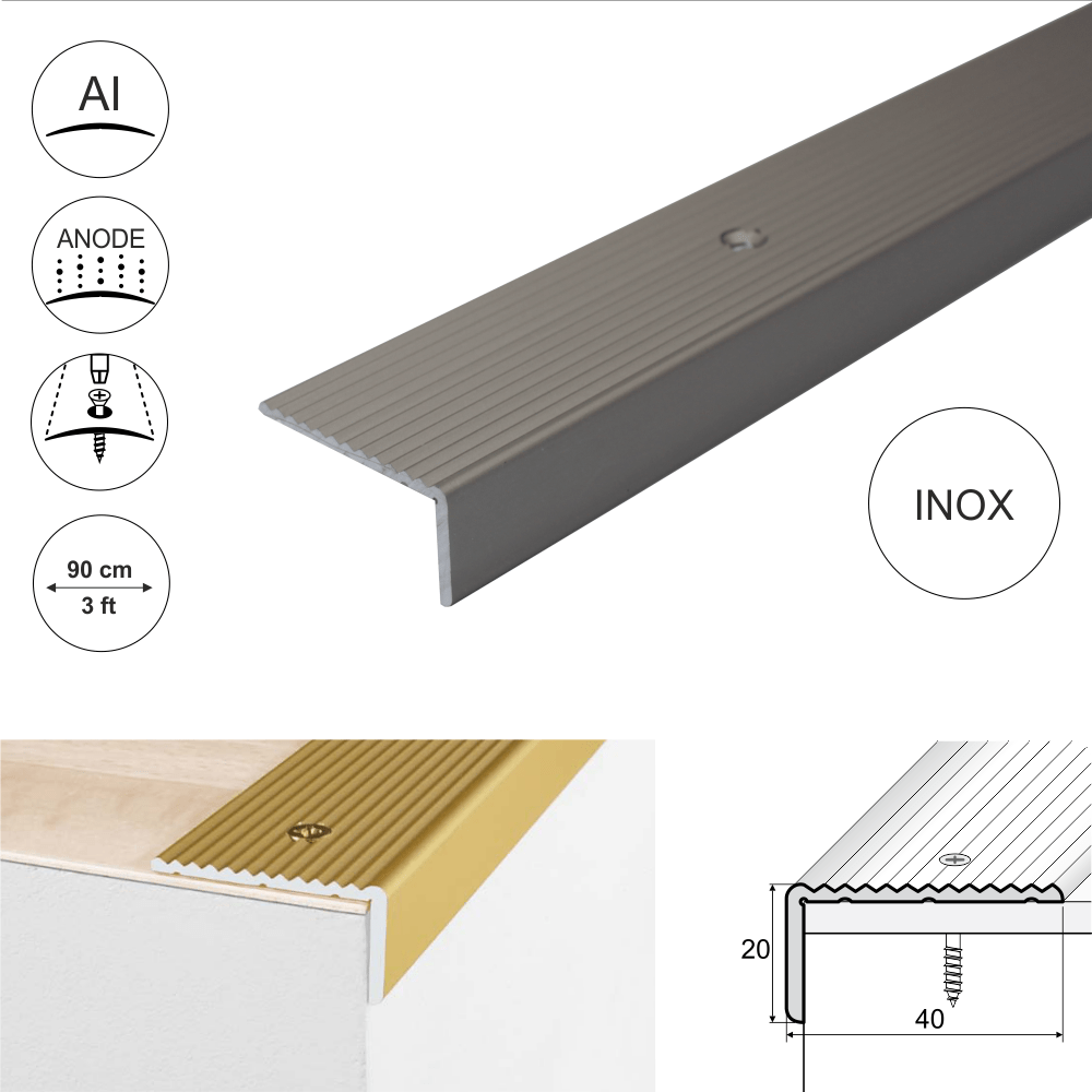 A33 40 x 20mm Anodised Aluminium Non Slip Ribbed Treads Stair Nosing Edge Trim