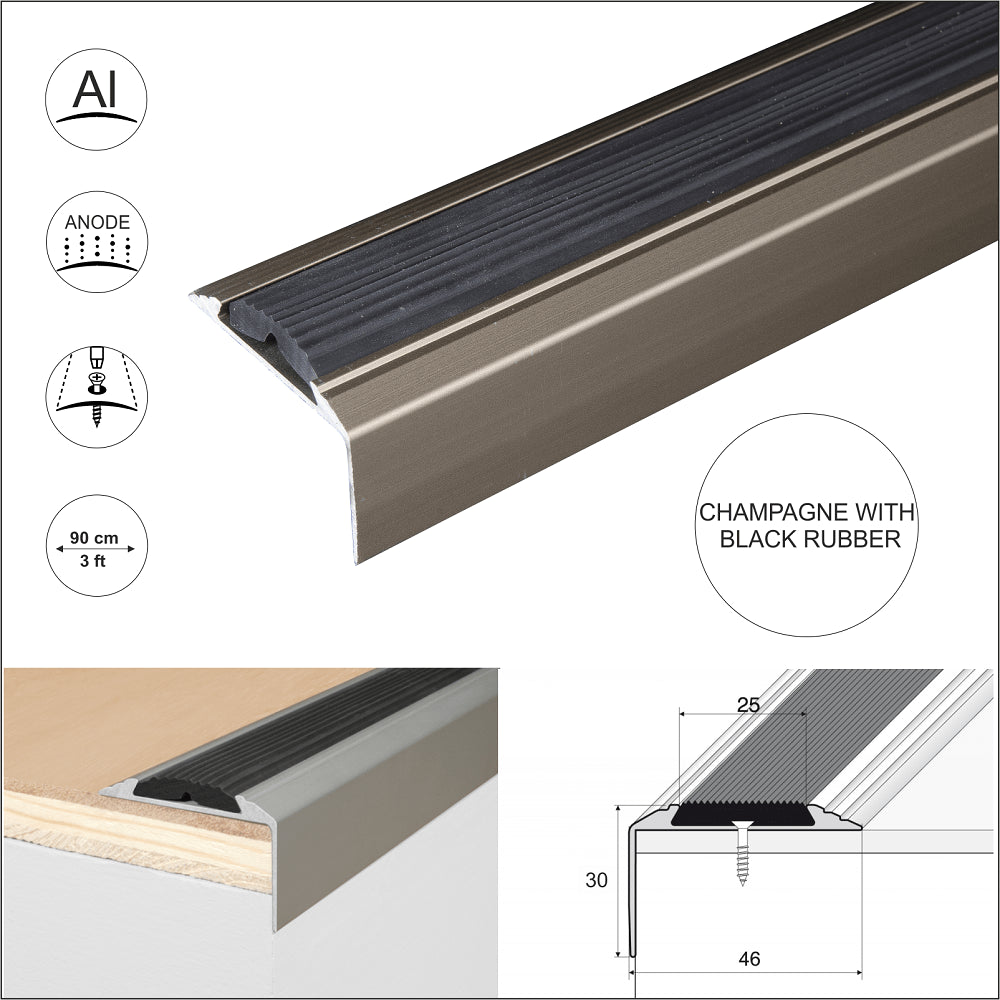 Anodised Aluminium Non Slip Stair Nosing With Black Rubber