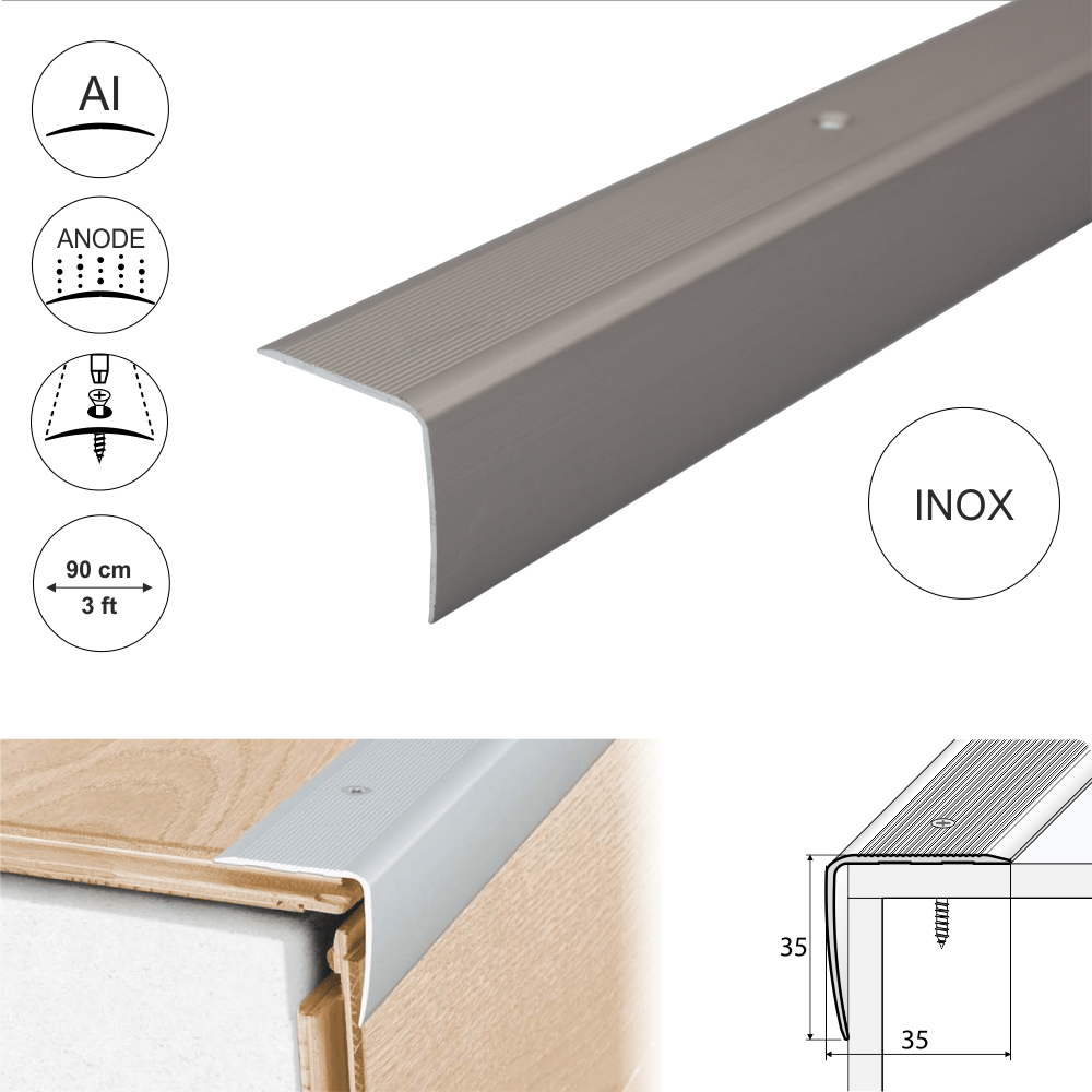 A41 35 x 35mm Anodised Aluminium Non Slip Ribbed Treads Stair Nosing Edge Trim