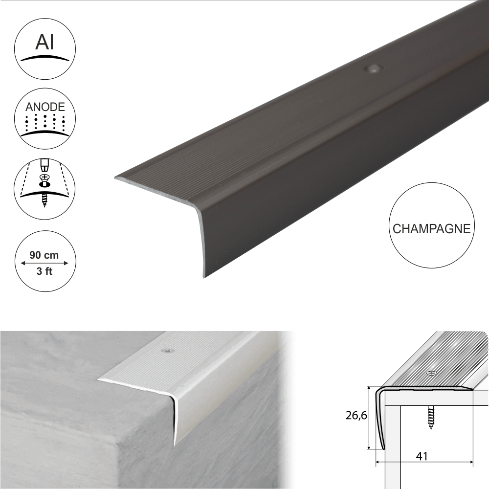 A42 41 x 26.6mm Anodised Aluminium Non Slip Ribbed Treads Stair Nosing Edge Trim