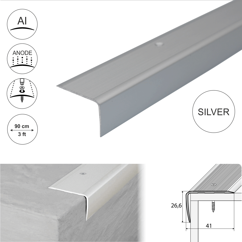 A42 41 x 26.6mm Anodised Aluminium Non Slip Ribbed Treads Stair Nosing Edge Trim