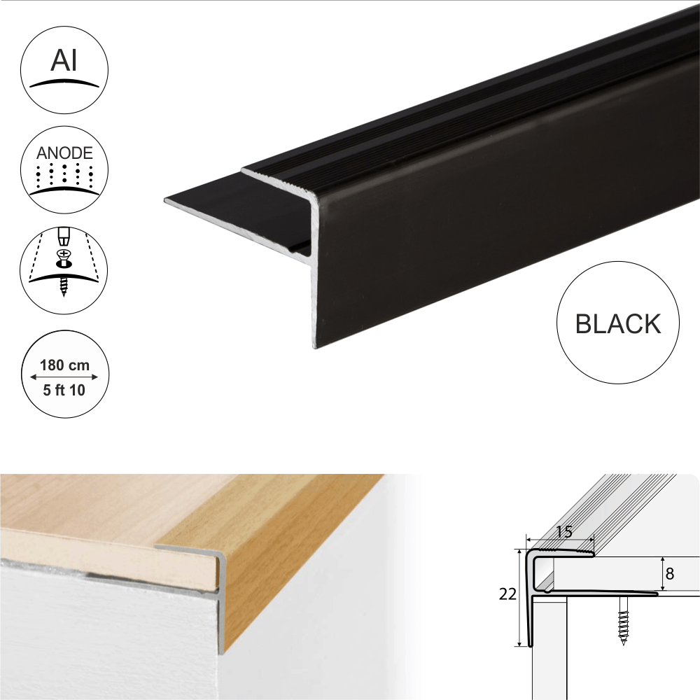 A60 15 x 22mm Push-In Anodised Aluminium Stair Nosing Edge Trim