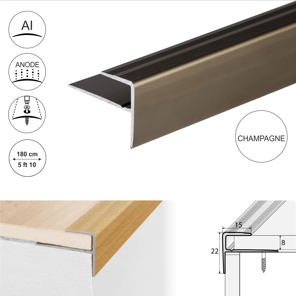 A60 15 x 22mm Push-In Anodised Aluminium Stair Nosing Edge Trim