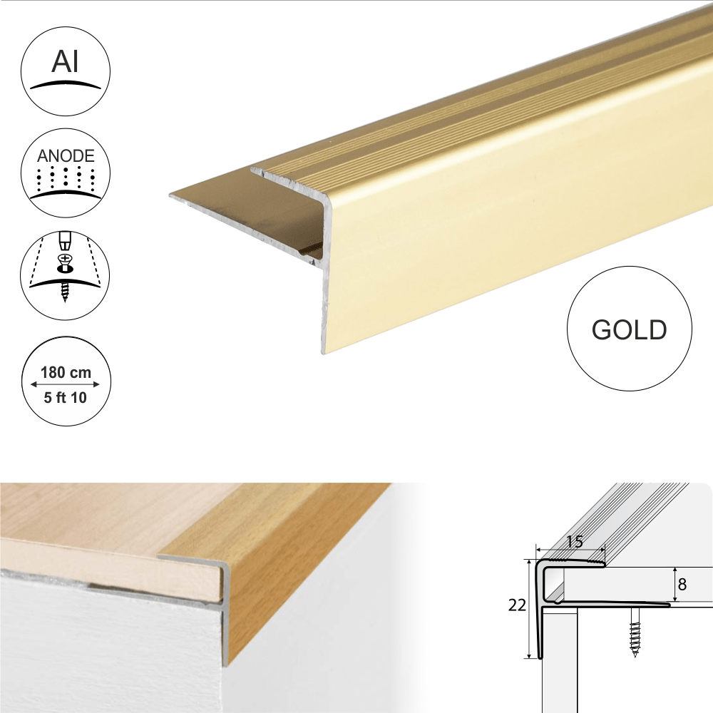 A60 15 x 22mm Push-In Anodised Aluminium Stair Nosing Edge Trim
