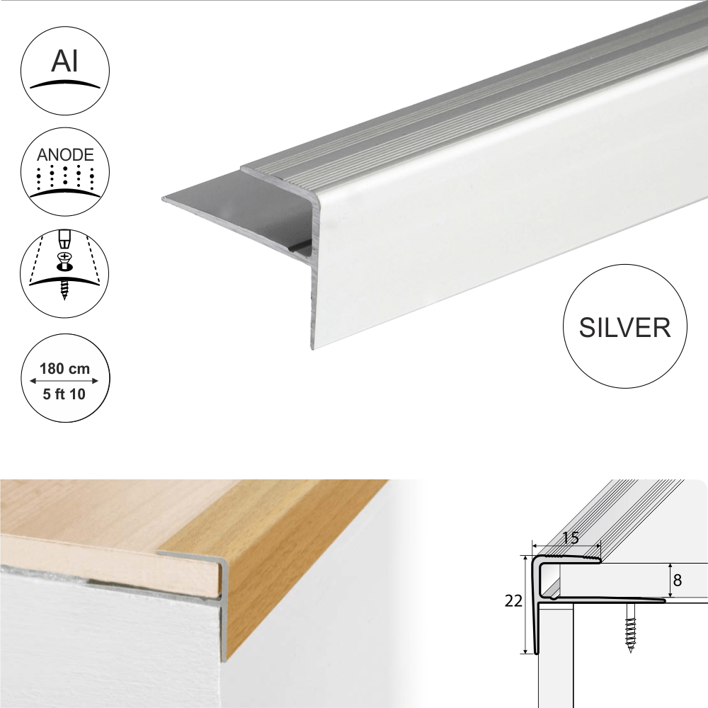 A60 15 x 22mm Push-In Anodised Aluminium Stair Nosing Edge Trim