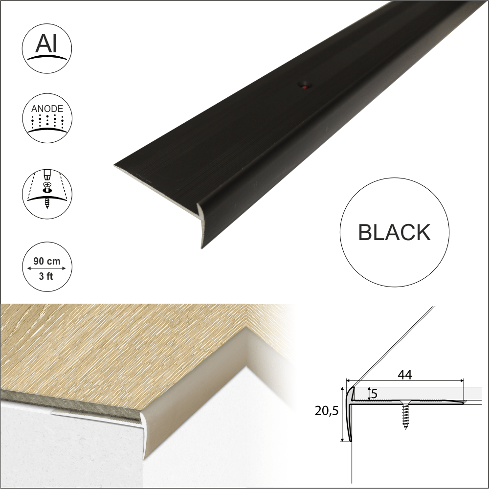 C27 44 x 20.5mm Anodised Aluminium LVT Stair nosing Edge Profile For 5mm Flooring