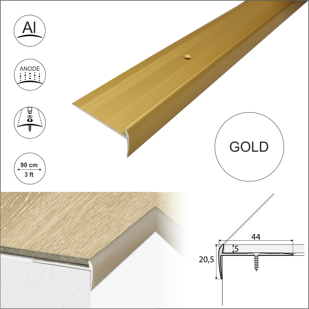 C27 44 x 20.5mm Anodised Aluminium LVT Stair nosing Edge Profile For 5mm Flooring