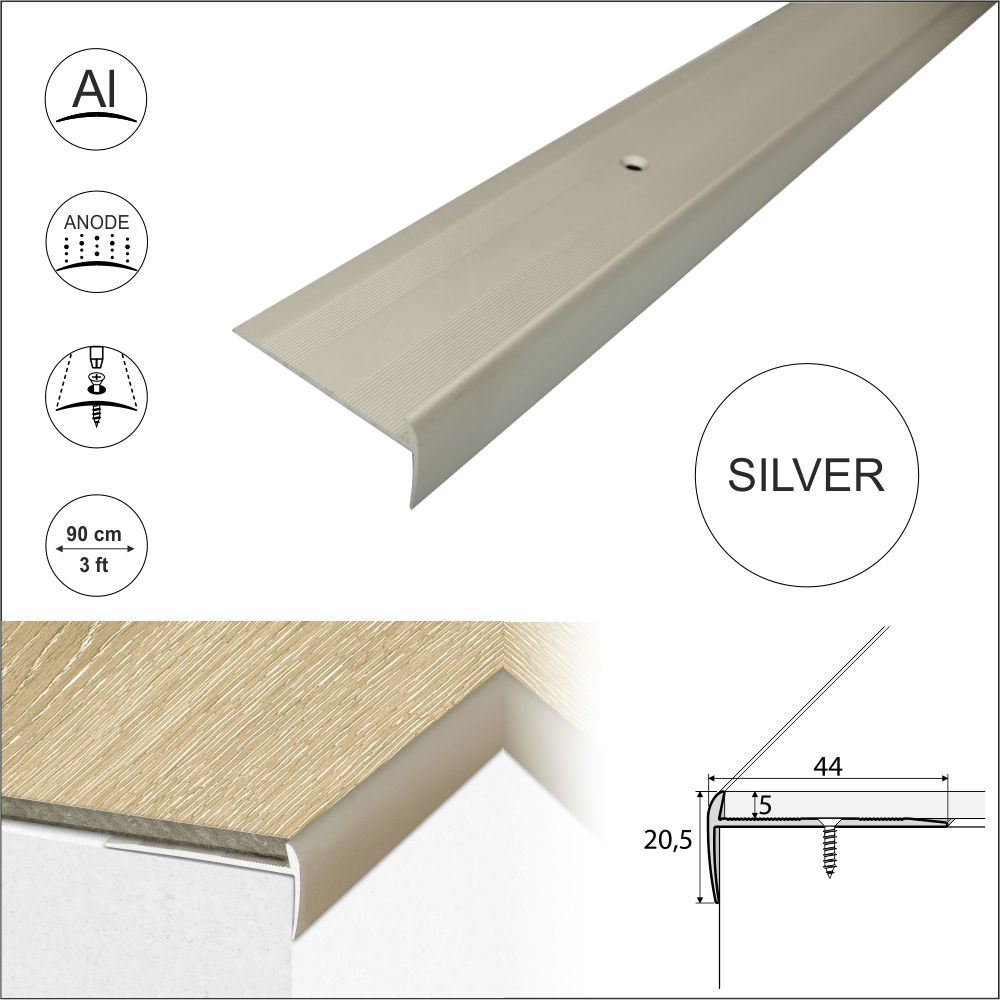 C27 44 x 20.5mm Anodised Aluminium LVT Stair nosing Edge Profile For 5mm Flooring
