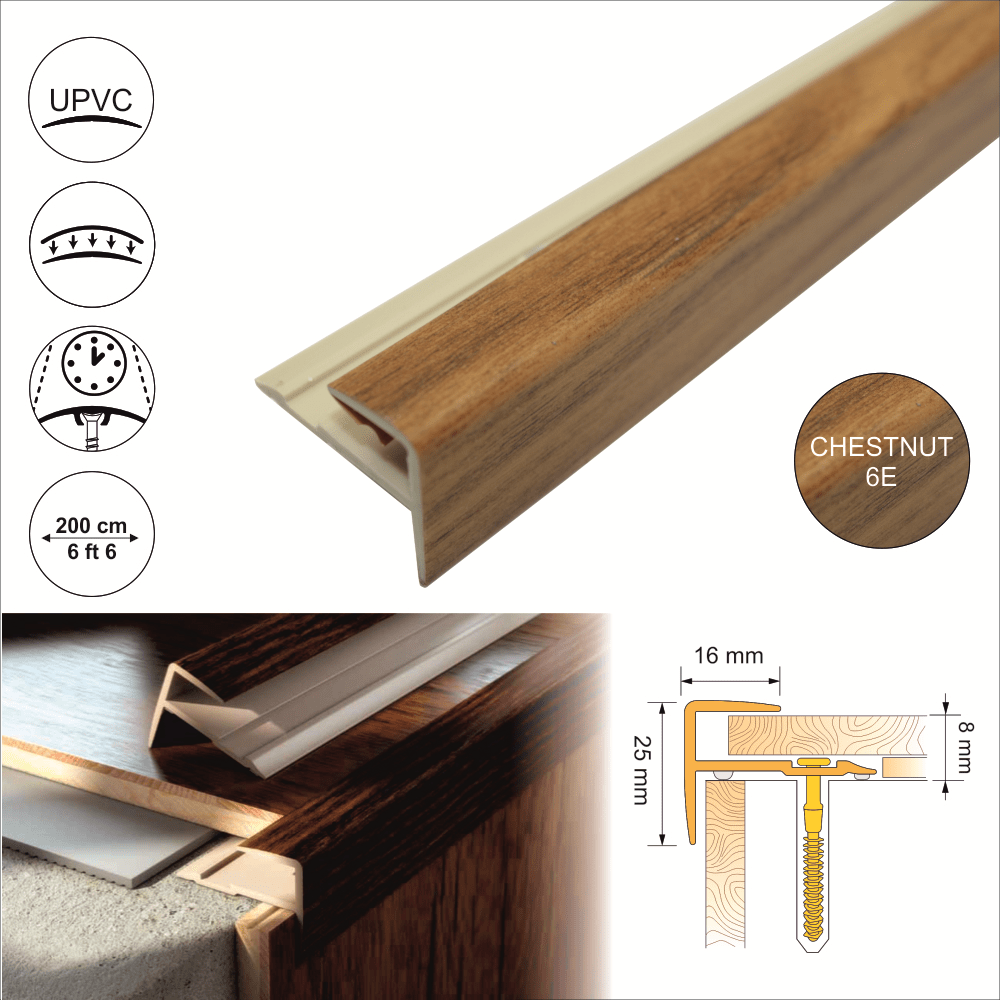 D-K0600 16 x 25mm Push-In Pvc Wood Effect Stair Nosing Edge Trim