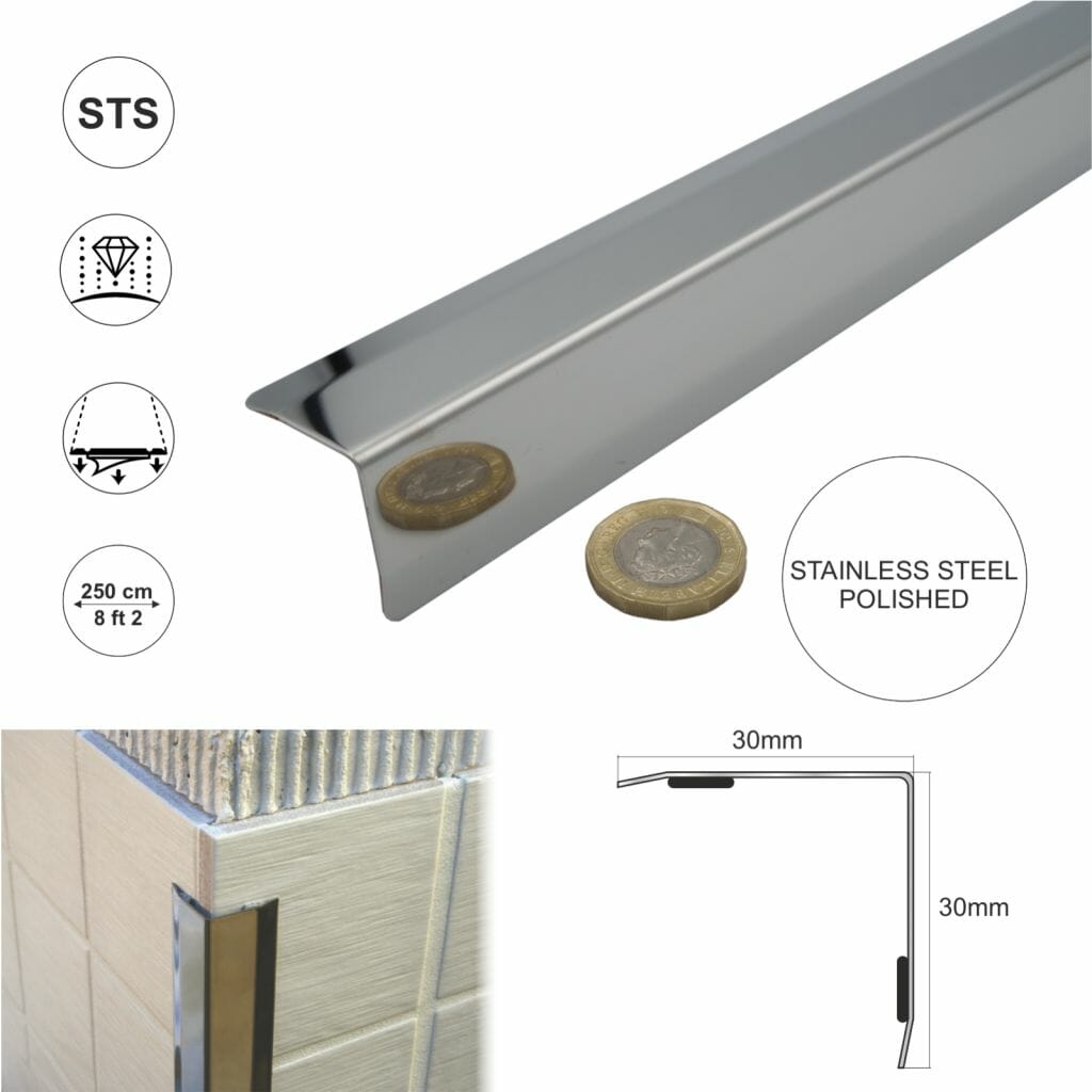 Stainless steel angle wall cladding corner trim protector bevelled edges 30x30mm