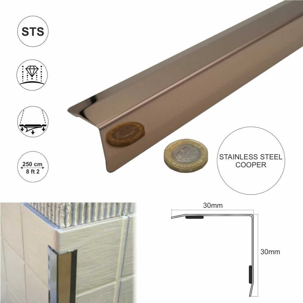 Stainless steel angle wall cladding corner trim protector bevelled edges 30x30mm