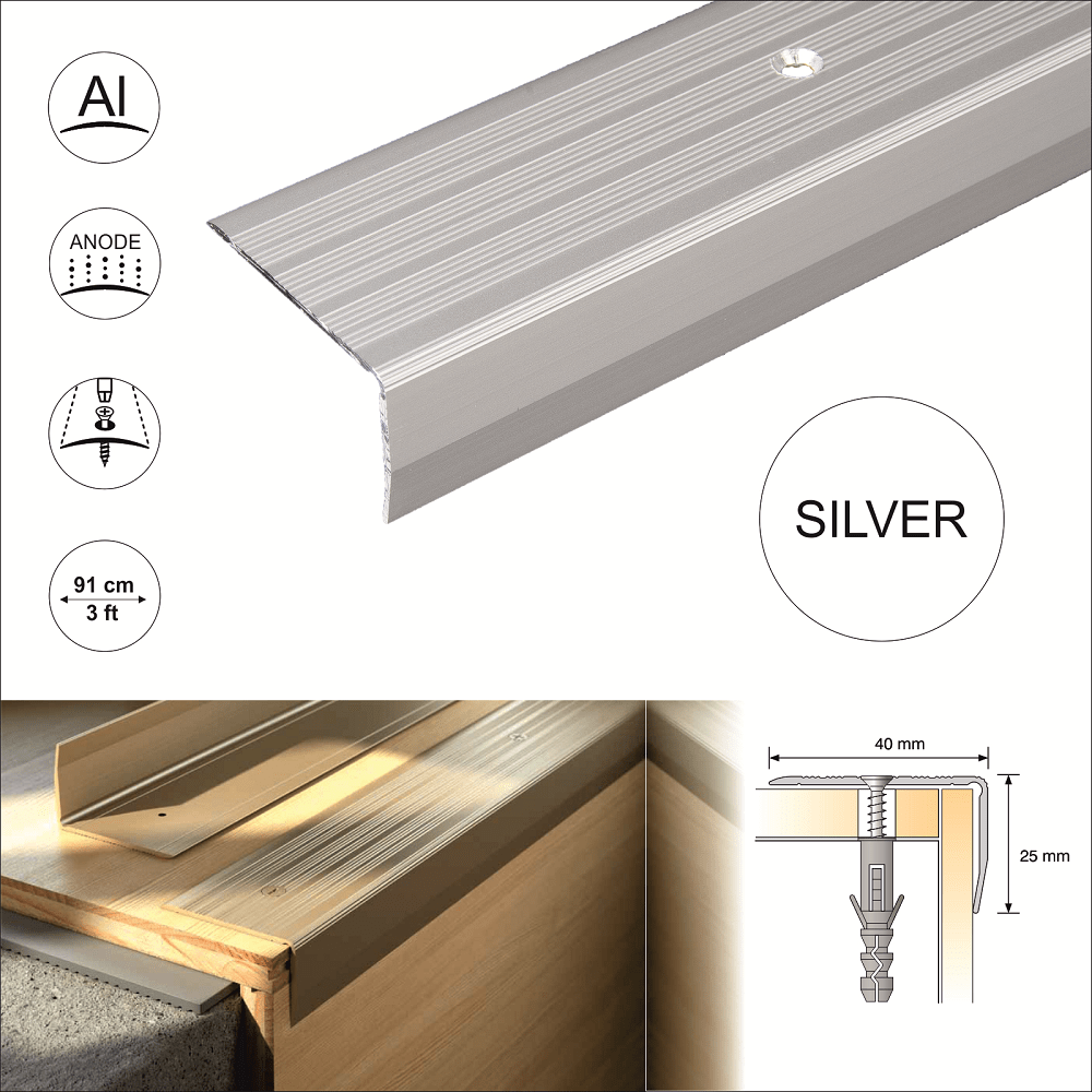 S05 40x 25mm Anodised Aluminium Non Slip Ribbed Treads Stair Nosing Edge Trim
