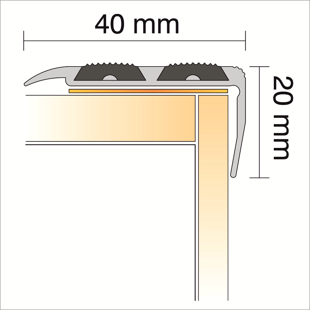 SA11 40 x 20mm Anodised Aluminium Non Slip Rubber Stair Nosing Edge Trim With Insert