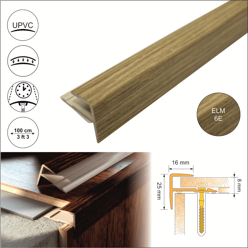 D-K0600 16 x 25mm Push-In Pvc Wood Effect Stair Nosing Edge Trim
