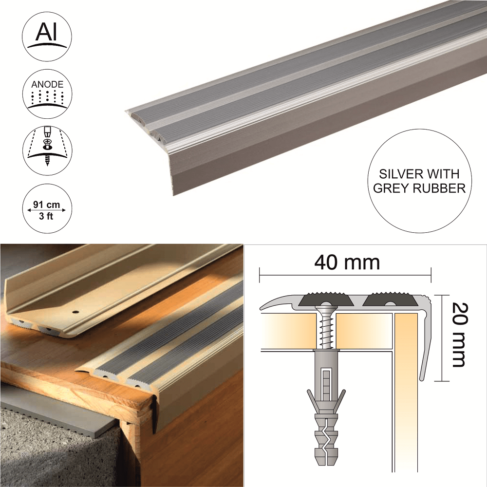 SA11 40 x 20mm Anodised Aluminium Non Slip Rubber Stair Nosing Edge Trim With Insert