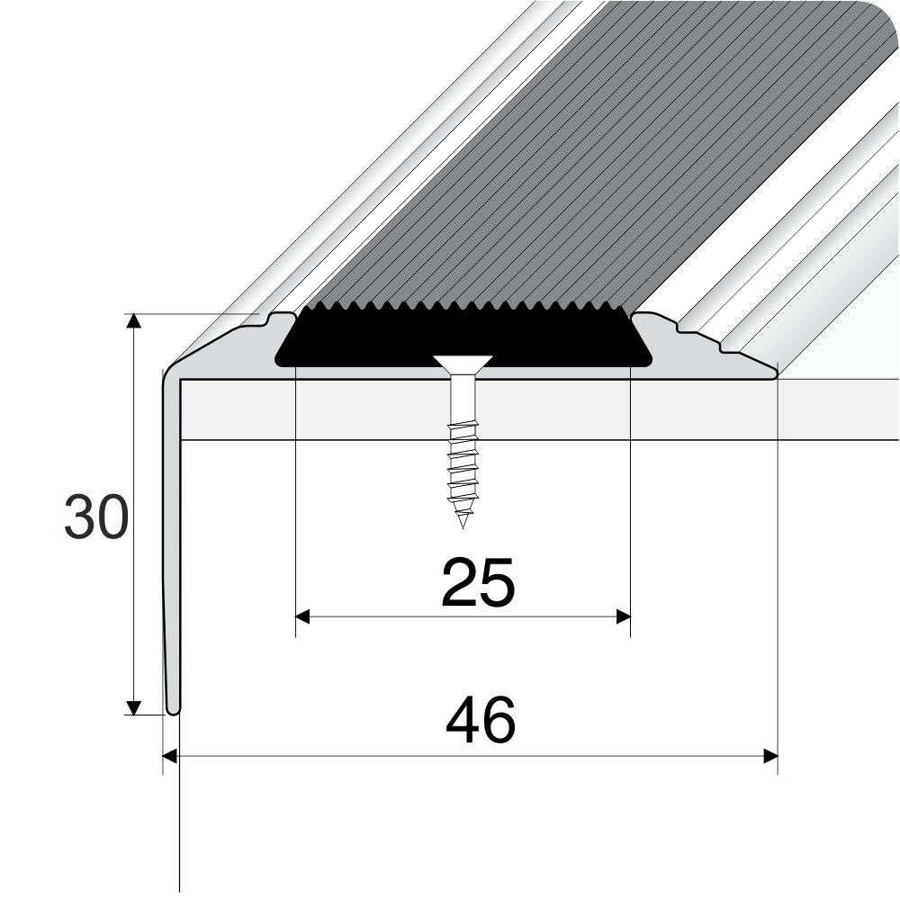 A38 46 x 30mm Anodised Aluminium Non Slip Rubber Stair Nosing Edge Trim