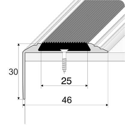 A38 46 x 30mm Anodised Aluminium Non Slip Rubber Stair Nosing Edge Trim