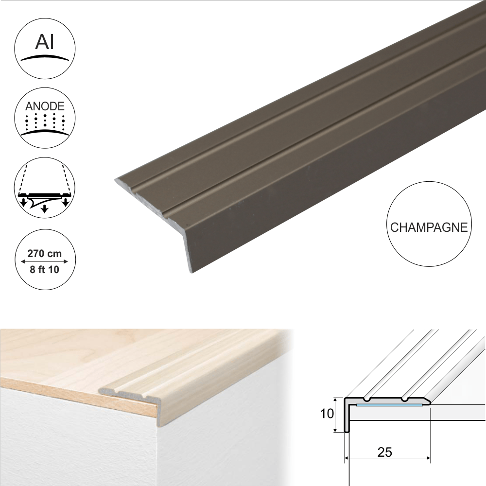 A31 25 x 10mm Anodised Aluminium Self Adhesive Stair Nosing Edge Trim