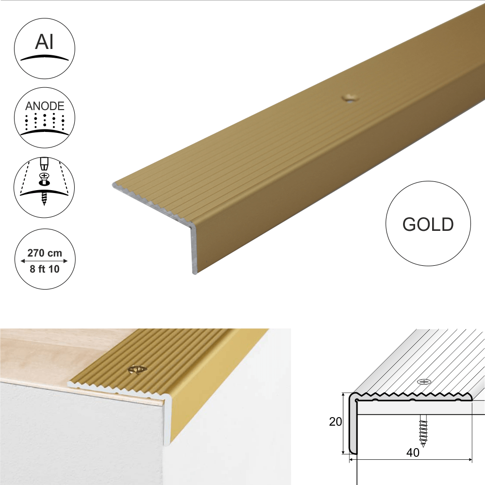 A33 40 x 20mm Anodised Aluminium Non Slip Ribbed Treads Stair Nosing Edge Trim