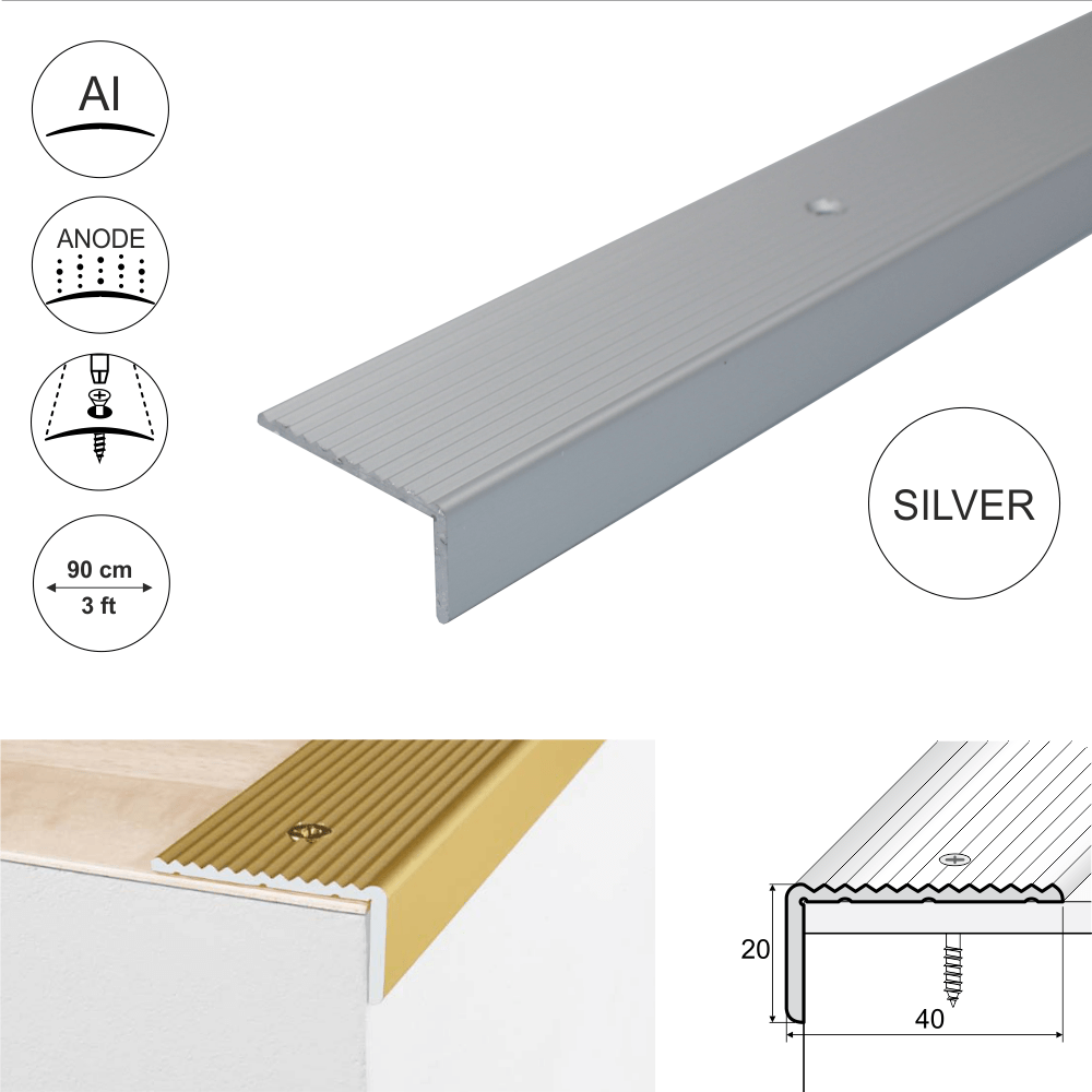 A33 40 x 20mm Anodised Aluminium Non Slip Ribbed Treads Stair Nosing Edge Trim