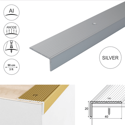 A33 40 x 20mm Anodised Aluminium Non Slip Ribbed Treads Stair Nosing Edge Trim