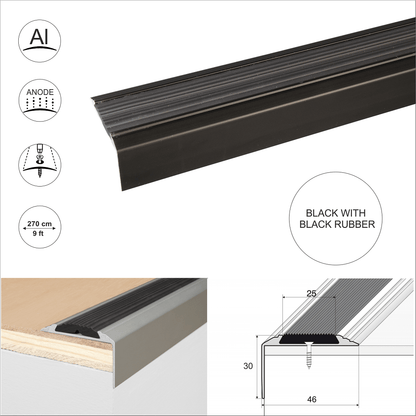 A38 46 x 30mm Anodised Aluminium Non Slip Rubber Stair Nosing Edge Trim