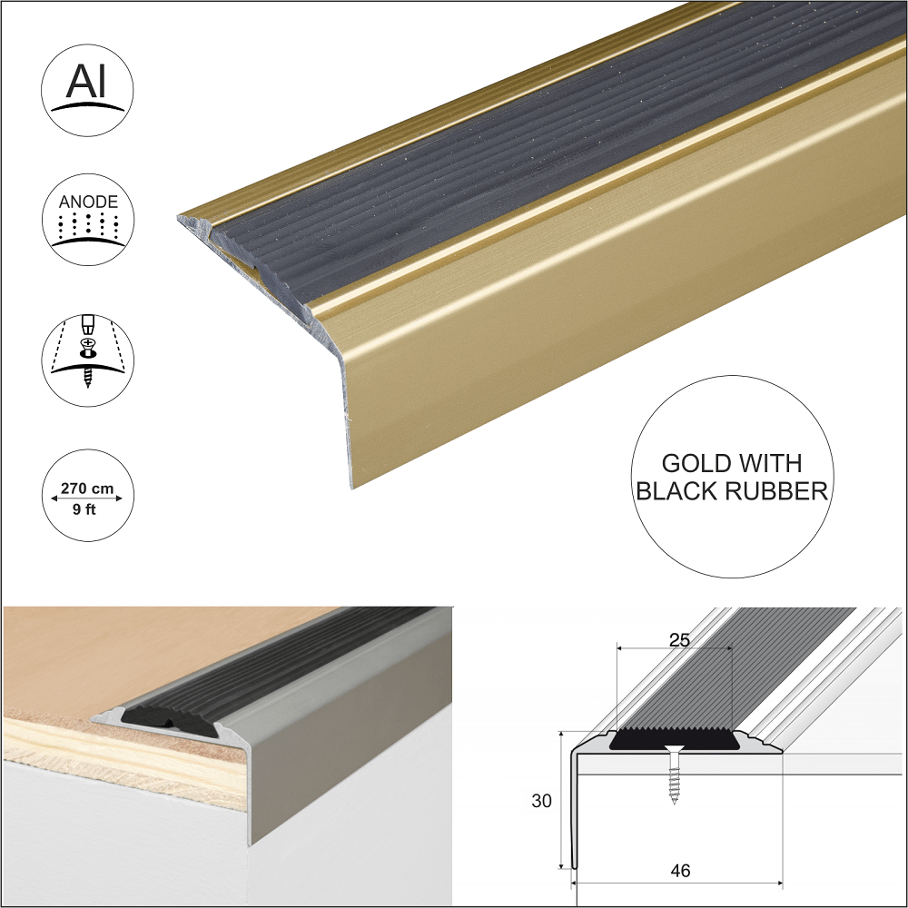 A38 46 x 30mm Anodised Aluminium Non Slip Rubber Stair Nosing Edge Trim