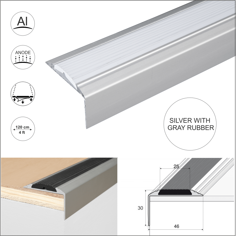 A38 46 x 30mm Anodised Aluminium Self Adhesive Non Slip Rubber Stair Nosing Edge Trim