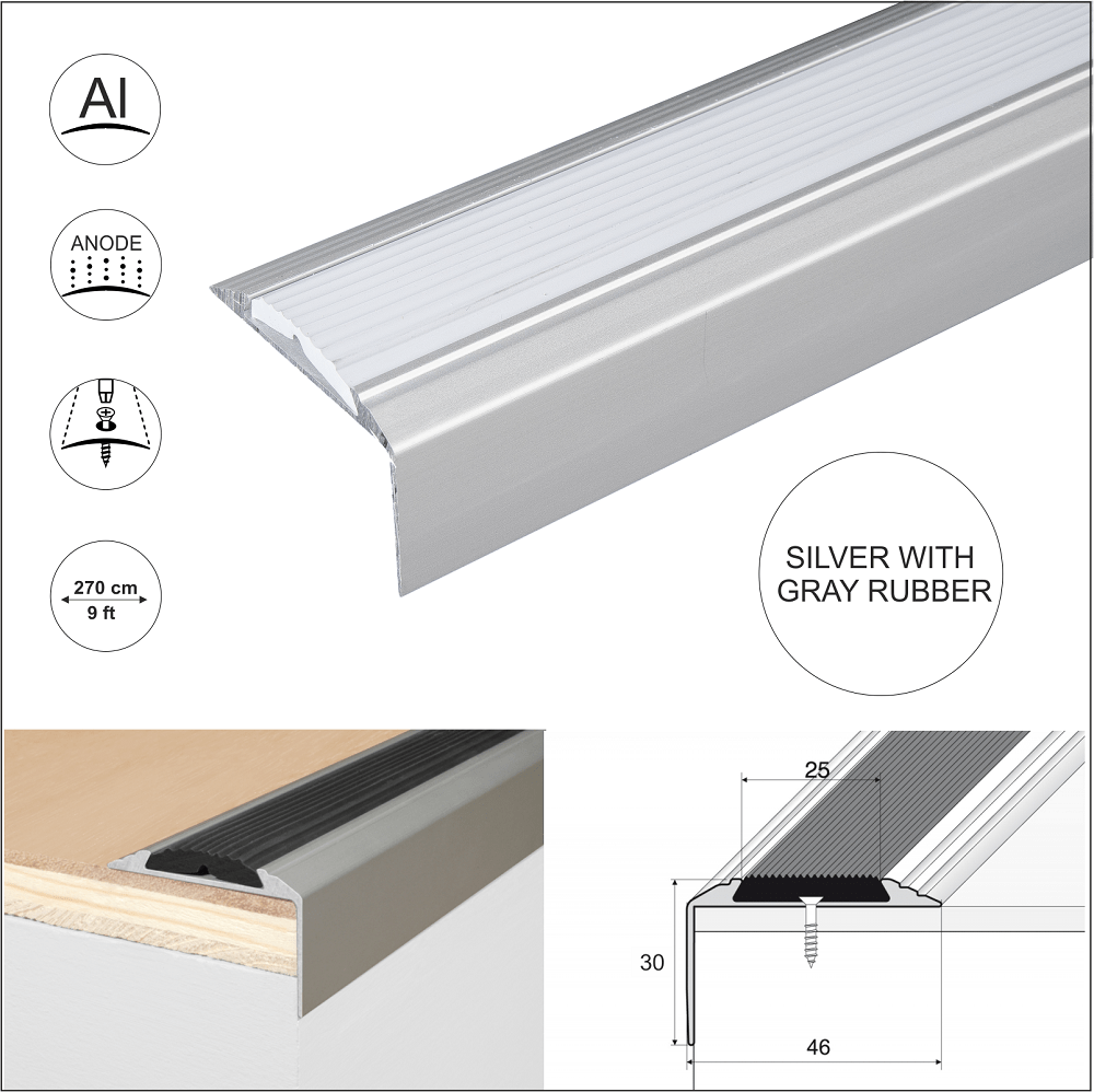 A38 46 x 30mm Anodised Aluminium Non Slip Rubber Stair Nosing Edge Trim
