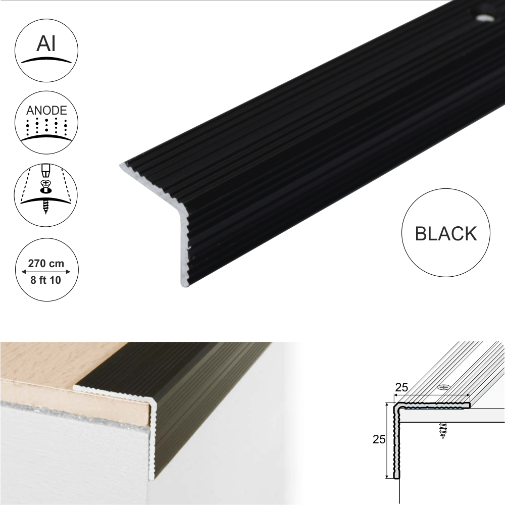 A40 25 x 25mm Anodised Aluminium Non Slip Ribbed Treads Stair Nosing Edge Trim