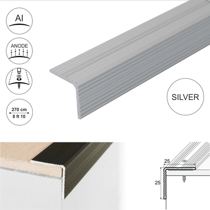 A40 25 x 25mm Anodised Aluminium Non Slip Ribbed Treads Stair Nosing Edge Trim
