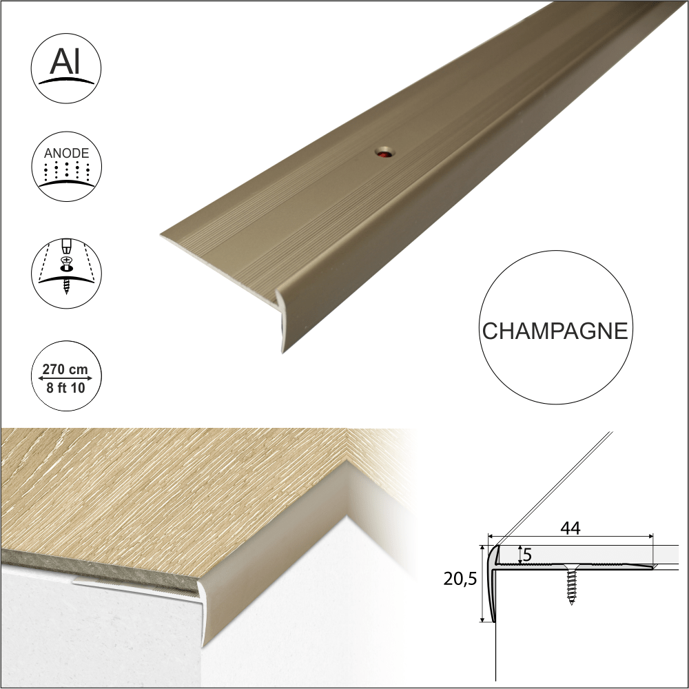 C27 44 x 20.5mm Anodised Aluminium LVT Stair nosing Edge Profile For 5mm Flooring