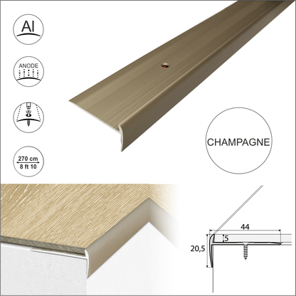 C27 44 x 20.5mm Anodised Aluminium LVT Stair nosing Edge Profile For 5mm Flooring