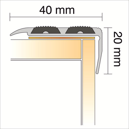 SA11 40 x 20mm Anodised Aluminium Non Slip Rubber Stair Nosing Edge Trim With Insert